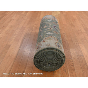 3'6"x32'2" Moss Green, Pure Wool, Hard Twist Agra, Extra Long and Wide Runner, Hand Knotted, Oriental Rug FWR525804