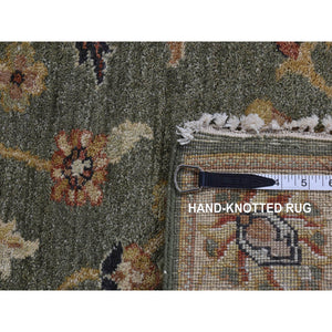 3'6"x32'2" Moss Green, Pure Wool, Hard Twist Agra, Extra Long and Wide Runner, Hand Knotted, Oriental Rug FWR525804