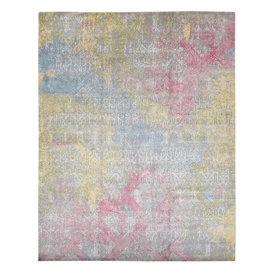 12'x15' Battleship Gray with Red and Yellow Shades, Oversized, TRELLIS IN THE SPRING, Pure Silk, Hi-Low Pile, Hand Knotted Oriental Rug FWR525882