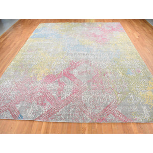 12'x15' Battleship Gray with Red and Yellow Shades, Oversized, TRELLIS IN THE SPRING, Pure Silk, Hi-Low Pile, Hand Knotted Oriental Rug FWR525882