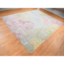 Load image into Gallery viewer, 12&#39;x15&#39; Battleship Gray with Red and Yellow Shades, Oversized, TRELLIS IN THE SPRING, Pure Silk, Hi-Low Pile, Hand Knotted Oriental Rug FWR525882