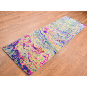 3'x9'2" Colorful, Sari Silk with Textured Wool, The Lava Design, Runner, Hand Knotted, Oriental Rug FWR525924