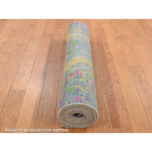 3'x9'2" Colorful, Sari Silk with Textured Wool, The Lava Design, Runner, Hand Knotted, Oriental Rug FWR525924