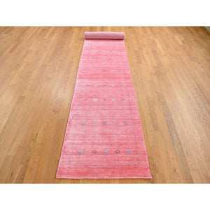 2'8"x13'6" Flamingo Pink, Wool and Silk, Loomed Knotted, Gabbeh, Runner, Oriental Rug FWR525954