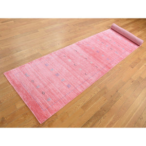 2'8"x13'6" Flamingo Pink, Wool and Silk, Loomed Knotted, Gabbeh, Runner, Oriental Rug FWR525954