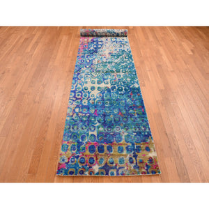 3'x12'4" Admiral Blue, THE PEACOCK, Sari Silk, Colorful, Hand Knotted, Wide Runner, Oriental Rug FWR526086