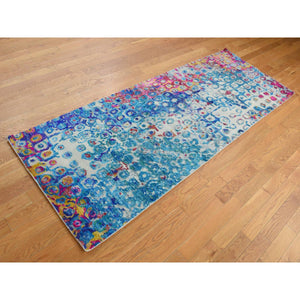 3'x8'2" Admiral Blue, THE PEACOCK, Sari Silk, Colorful, Hand Knotted, Wide Runner, Oriental Rug FWR526134