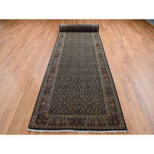 Load image into Gallery viewer, 4&#39;2&quot;x19&#39;10&quot; Pitch Black, Herati with All Over Fish Mahi Design, 250 KPSI, Hand Knotted, Pure Wool, Wide and Gallery Size Runner, Oriental Rug FWR526170