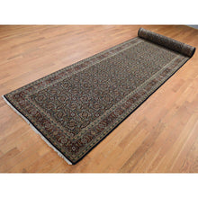 Load image into Gallery viewer, 4&#39;2&quot;x19&#39;10&quot; Pitch Black, Herati with All Over Fish Mahi Design, 250 KPSI, Hand Knotted, Pure Wool, Wide and Gallery Size Runner, Oriental Rug FWR526170