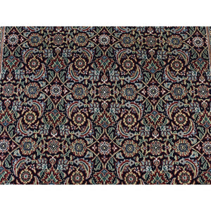 4'2"x19'10" Pitch Black, Herati with All Over Fish Mahi Design, 250 KPSI, Hand Knotted, Pure Wool, Wide and Gallery Size Runner, Oriental Rug FWR526170