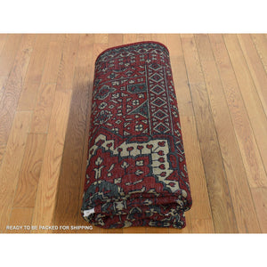 9'x12' Maroon Red, Vintage Look Mamluk, Distressed, Zero Pile Shaved Low, Worn Wool Hand Knotted, Oriental Rug FWR526200