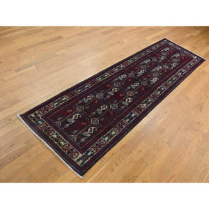 2'6"x9'4" Falcons Red, Afghan Khamyab, Intricate Geometrical Pattern, Denser Weave with Shiny Wool, Hand Knotted, Runner Oriental Rug FWR526362