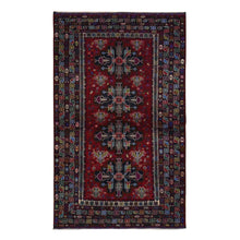 Load image into Gallery viewer, 3&#39;10&quot;x6&#39;5&quot; Carmine Red, Afghan Baluch with Repetitive Colorful Nomad Design, Pure Wool, Hand Knotted, Oriental Rug FWR526404