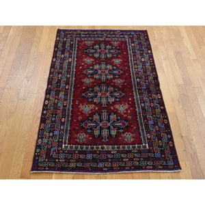 3'10"x6'5" Carmine Red, Afghan Baluch with Repetitive Colorful Nomad Design, Pure Wool, Hand Knotted, Oriental Rug FWR526404