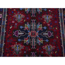 Load image into Gallery viewer, 3&#39;10&quot;x6&#39;5&quot; Carmine Red, Afghan Baluch with Repetitive Colorful Nomad Design, Pure Wool, Hand Knotted, Oriental Rug FWR526404