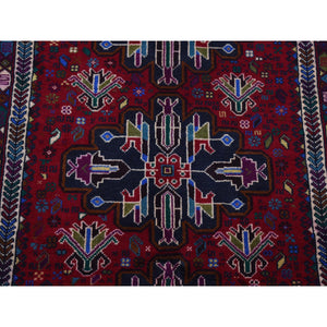 3'10"x6'5" Carmine Red, Afghan Baluch with Repetitive Colorful Nomad Design, Pure Wool, Hand Knotted, Oriental Rug FWR526404