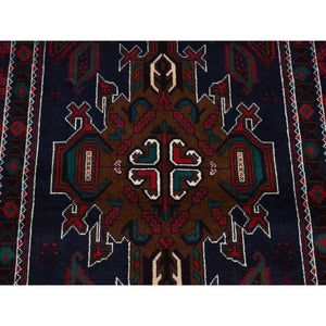 3'10"x6'9" Yankees Blue, Afghan Baluch, Open Field Medallion Design, Pure Wool, Hand Knotted, Oriental Rug FWR526410