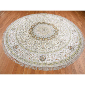 9'1"x9'1" Ivory, Silken, Tabriz Design, 300 KPSI, Hand Knotted, Round Oriental Rug FWR526530