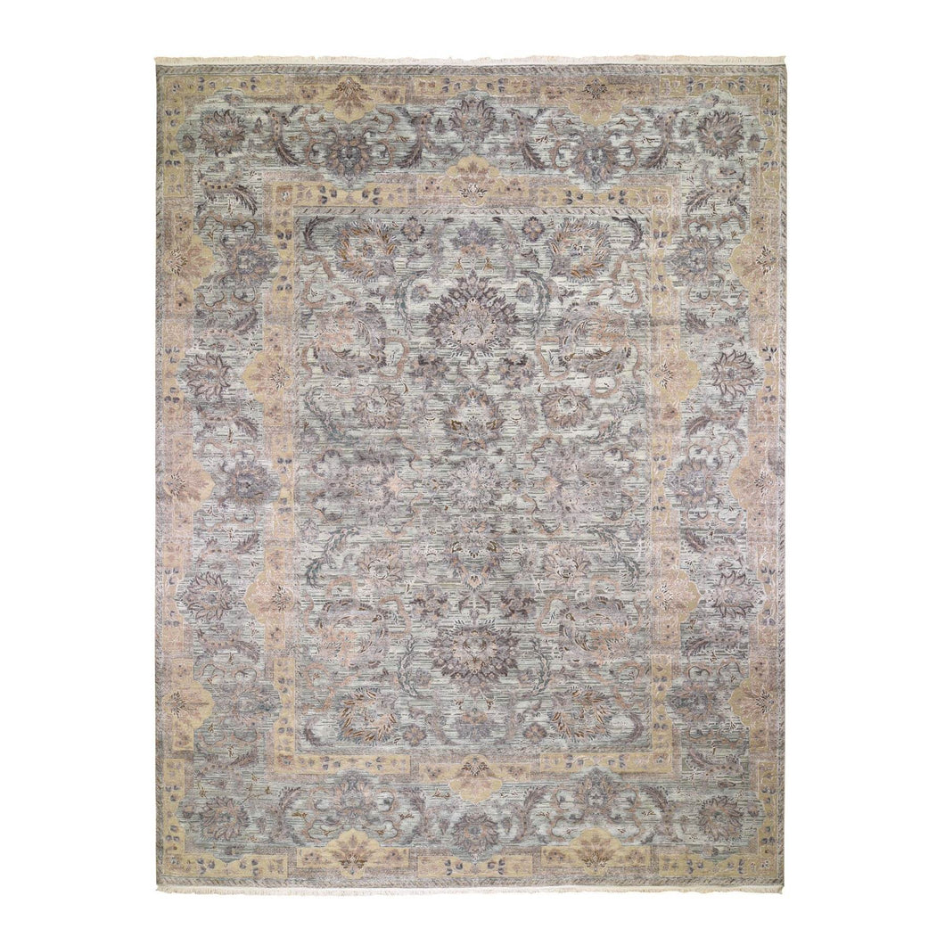 2'x3' Nyanza Green, Pure Silk with Textured Wool, Mughal Design, Hand Knotted, Mat Oriental Rug FWR526656