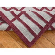 Load image into Gallery viewer, 4&#39;x6&#39;2&quot; Alabama Crimson Red, Flat Weave Reversible Kilim, Geometrical Line Design, 100% Wool, Hand Woven, Oriental Rug FWR527124