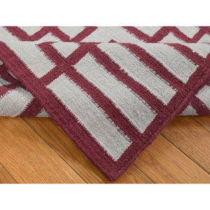 4'x6'2" Alabama Crimson Red, Flat Weave Reversible Kilim, Geometrical Line Design, 100% Wool, Hand Woven, Oriental Rug FWR527124