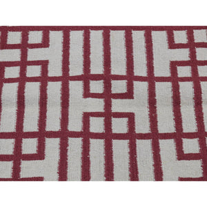 4'x6'2" Alabama Crimson Red, Flat Weave Reversible Kilim, Geometrical Line Design, 100% Wool, Hand Woven, Oriental Rug FWR527124