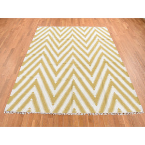 8'x10' Trombone Yellow, Flat Weave Kilim, Chevron Design, Hand Woven, Pure Wool, Oriental Rug FWR527292