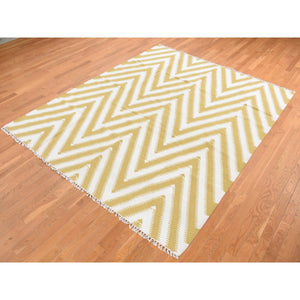 8'x10' Trombone Yellow, Flat Weave Kilim, Chevron Design, Hand Woven, Pure Wool, Oriental Rug FWR527292