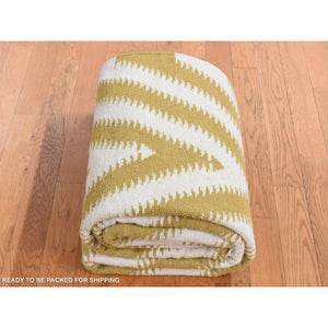 8'x10' Trombone Yellow, Flat Weave Kilim, Chevron Design, Hand Woven, Pure Wool, Oriental Rug FWR527292