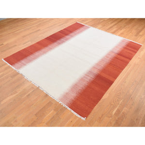 8'x10'2" Ivory, 100% Wool, Flat Weave Durie Kilim, Vertical Wide Stripe Design, Hand Woven, Reversible Oriental Rug FWR527460