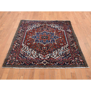 4'9"x5'10" Chili Red, Antique Persian Heriz in A Small Rare Size, Hand Knotted, Pure Wool, Excellent Condition, Clean with Sides and Ends Professionally Secured, Oriental Rug FWR527490