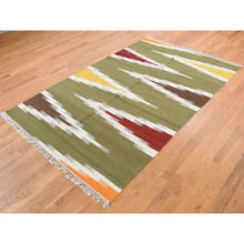 Load image into Gallery viewer, 5&#39;1&quot;x8&#39;1&quot; Old Moss Green, Flat Weave Kilim, Dazzling Zig-Zag Design, 100% Wool, Hand Woven, Reversible Oriental Rug FWR527586