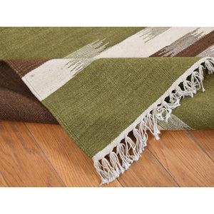 5'1"x8'1" Old Moss Green, Flat Weave Kilim, Dazzling Zig-Zag Design, 100% Wool, Hand Woven, Reversible Oriental Rug FWR527586