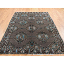 Load image into Gallery viewer, 6&#39;8&quot;x9&#39;9&quot; Taupe Brown with Touches of Blue, Earthtone Colors, Afghan Baluch, Bold Geometric Design, Hand Knotted, Pure Wool, Oriental Rug FWR527808