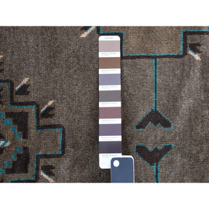 6'8"x9'9" Taupe Brown with Touches of Blue, Earthtone Colors, Afghan Baluch, Bold Geometric Design, Hand Knotted, Pure Wool, Oriental Rug FWR527808