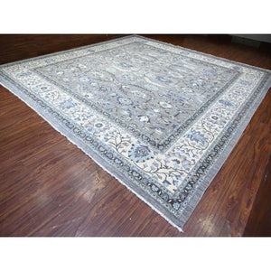 15'3"x15'3" Stone Gray, Vegetable Dyes, Dense Weave, Fine Peshawar Heriz, Sickle Leaf Design, Hand Knotted, Organic Wool, XL Square Oriental Rug FWR528180