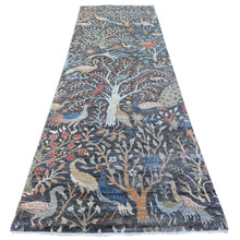 Load image into Gallery viewer, 4&#39;x12&#39; Olive Black, Afghan Peshawar with Birds of Paradise, Hand Knotted, Vegetable Dyes, Organic Wool, Wide Runner, Oriental Rug FWR528186