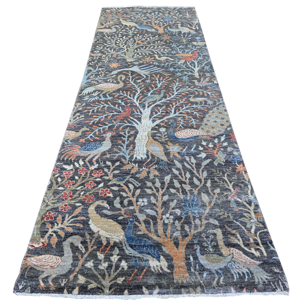 4'x12' Olive Black, Afghan Peshawar with Birds of Paradise, Hand Knotted, Vegetable Dyes, Organic Wool, Wide Runner, Oriental Rug FWR528186