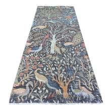 Load image into Gallery viewer, 3&#39;10&quot;x10&#39; Olive Black, Organic Wool, Afghan Peshawar with Birds of Paradise, Hand Knotted, Vegetable Dyes, Wide Runner, Oriental Rug FWR528192