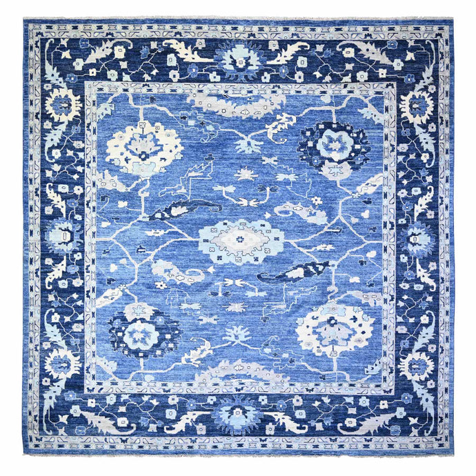 14'x14' Ocean City Blue, Hand Knotted Afghan Angora Oushak with All Over Design Vegetable Dyes, 100% Wool, Oriental Square Rug FWR528414