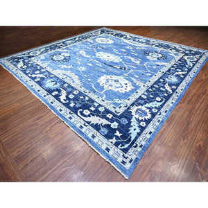 14'x14' Ocean City Blue, Hand Knotted Afghan Angora Oushak with All Over Design Vegetable Dyes, 100% Wool, Oriental Square Rug FWR528414