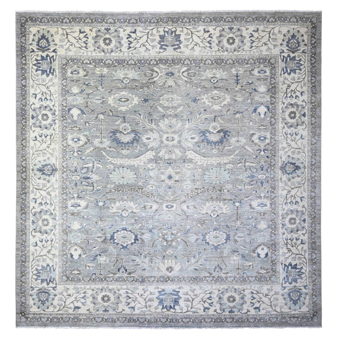 12'x12' Violet Mist Gray, Fine Peshawar Hand Knotted, Sickle Leaf Design, Soft and Velvety Wool, Densely Woven Vegetable Dyes, Oriental Square Rug FWR528498