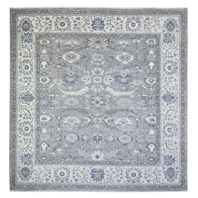 12'x12' Magnetic Gray With Dove White Border, Fine Peshawar Heriz, Vegetable Dyes, Densely Woven, Sickle Leaf Design, Hand Knotted, All Wool, Square Oriental Rug FWR528864