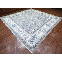 Load image into Gallery viewer, 12&#39;x12&#39; Magnetic Gray With Dove White Border, Fine Peshawar Heriz, Vegetable Dyes, Densely Woven, Sickle Leaf Design, Hand Knotted, All Wool, Square Oriental Rug FWR528864