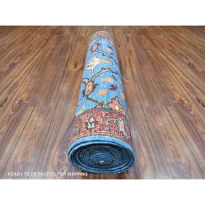 3'7"x21'8" Maya Blue, Fine Aryana, Hand Knotted, Natural Dyes, Vibrant Wool, Wide and Extra Long Runner Oriental Rug FWR529518