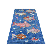 Load image into Gallery viewer, 4&#39;x6&#39; Pantone Blue, Afghan Peshawar Oceanic Fish Design, Vegetable Dyes, Densely Woven Extra Soft Wool Hand Knotted, Colorful Borderless Oriental Rug FWR530352