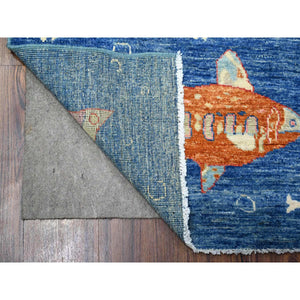 4'x6' Pantone Blue, Afghan Peshawar Oceanic Fish Design, Vegetable Dyes, Densely Woven Extra Soft Wool Hand Knotted, Colorful Borderless Oriental Rug FWR530352