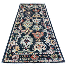 Load image into Gallery viewer, 4&#39;3&quot;x9&#39;7&quot; Mica Negra Black, Soft Velvety Wool Afghan Angora Oushak, Hand Knotted, Vegetable Dyes, Pop Of Colors, Wide Runner Oriental Rug FWR530628