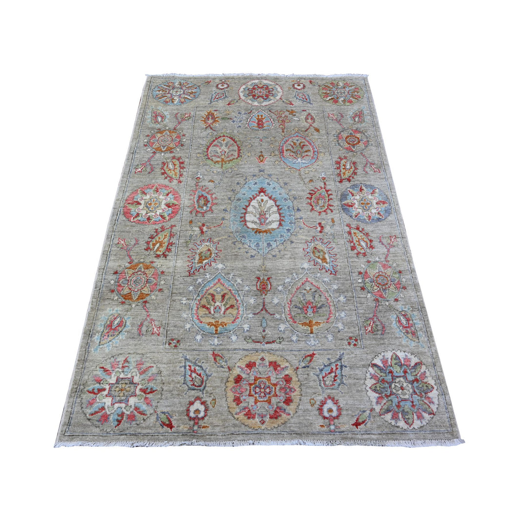 4'x6' Sidewalk Gray, Uzbek Suzani Design Densely Woven Natural Dyes, 100% Wool Hand Knotted, Oriental Rug FWR530898