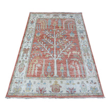 Load image into Gallery viewer, 4&#39;x6&#39; Strawberry Pink and Heron White, Afghan Angora Oushak, Hand Knotted 100% Wool Willow and Cypress Tree Design, Natural Dyes, Oriental Rug FWR531180